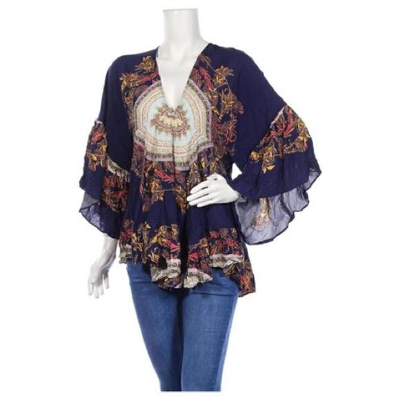 Free People | Sunset Dreams Printed Bell Sleeves Flowy Boho Tunic Top | S - Picture 2 of 6